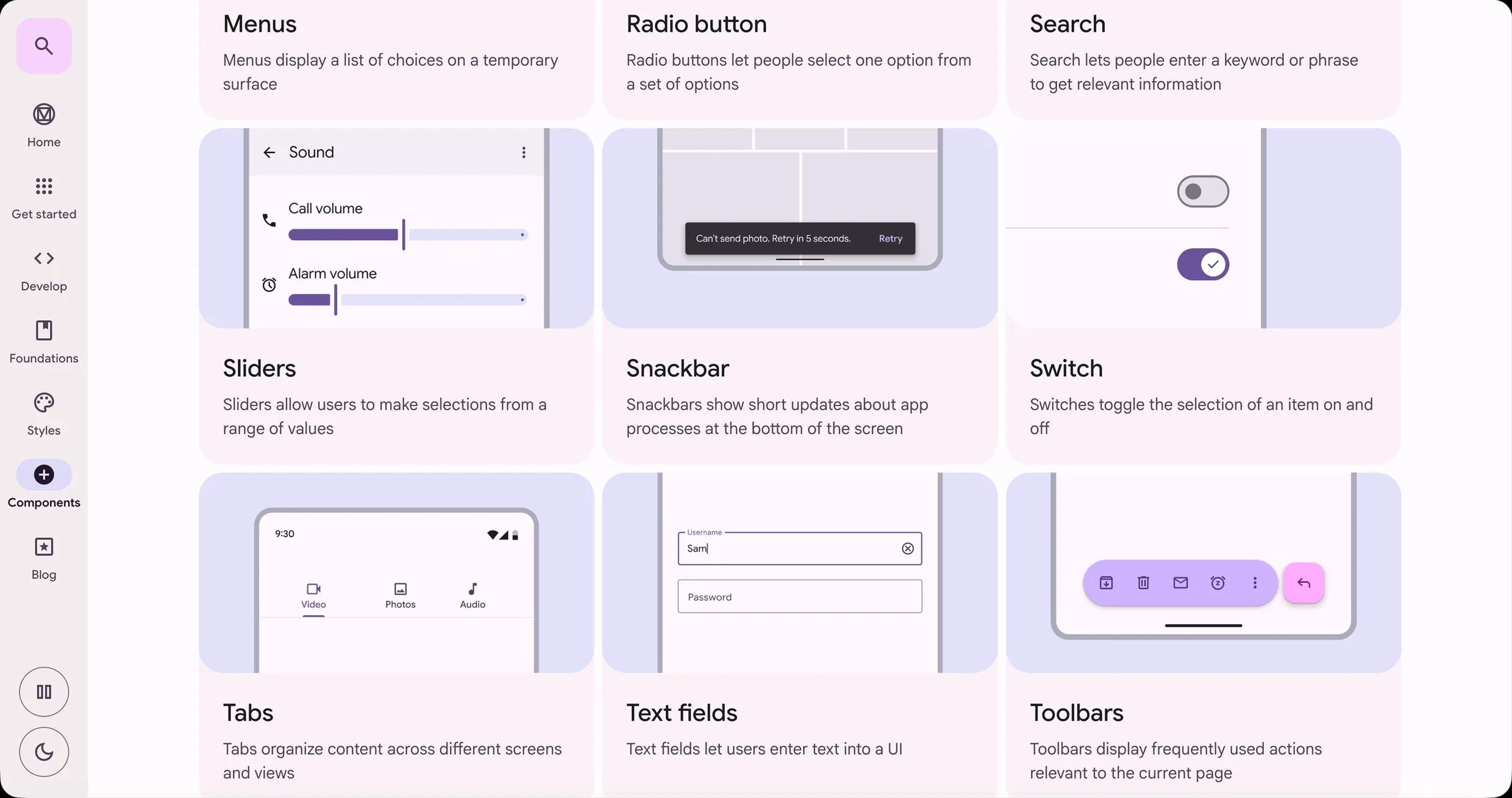 Material Design's component catalogue, a grid of cards for menus, radio buttons, search, sliders, snackbars, switches, tabs, text fields and toolbars, each with a one-line description and a rendered sample.